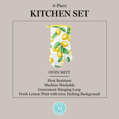 Lots of Lemons Modern Kitchen Towel, Oven Mitt & Potholder Set, 4-Pack, White-Yellow