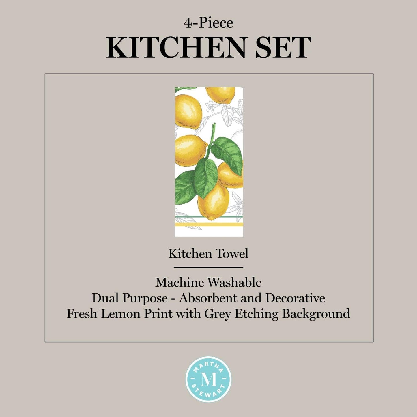 Lots of Lemons Modern Kitchen Towel, Oven Mitt & Potholder Set, 4-Pack, White-Yellow