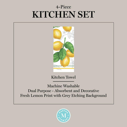 Lots of Lemons Modern Kitchen Towel, Oven Mitt & Potholder Set, 4-Pack, White-Yellow