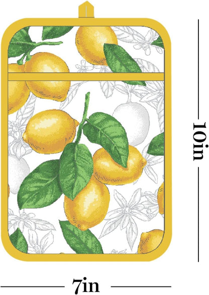 Lots of Lemons Modern Kitchen Towel, Oven Mitt & Potholder Set, 4-Pack, White-Yellow