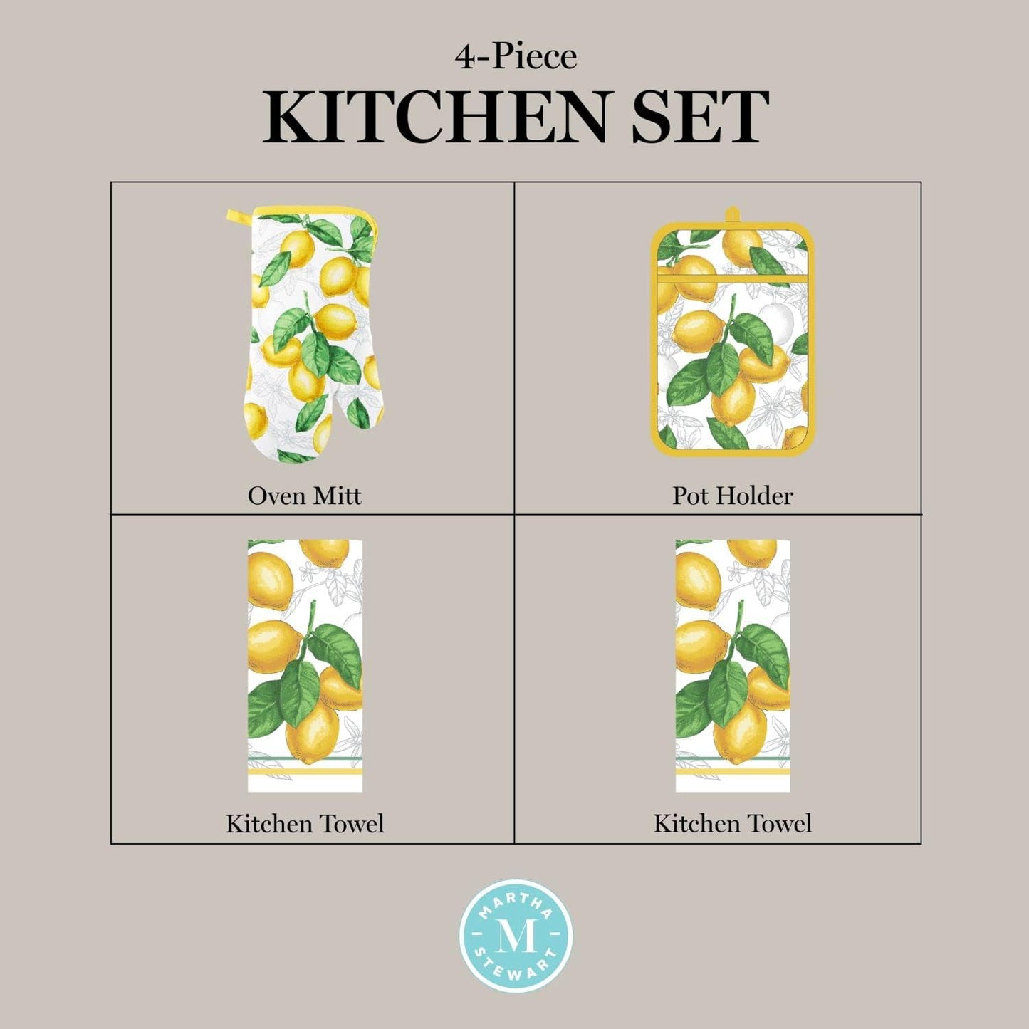 Lots of Lemons Modern Kitchen Towel, Oven Mitt & Potholder Set, 4-Pack, White-Yellow