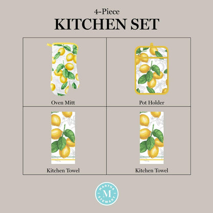 Lots of Lemons Modern Kitchen Towel, Oven Mitt & Potholder Set, 4-Pack, White-Yellow