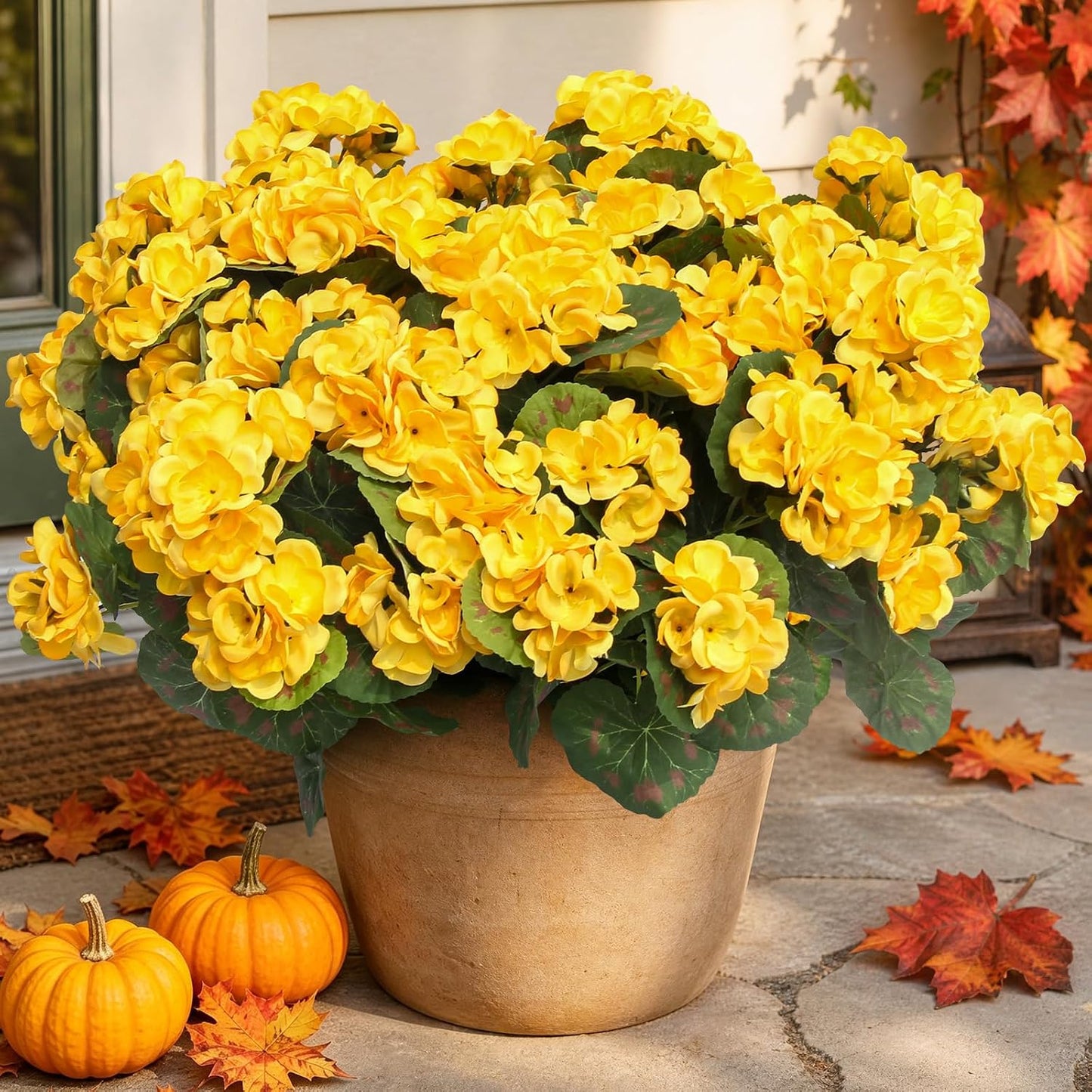 Artificial Geraniums Fake Flowers for Outdoor, 6PCS Yellow | UV Resistant Fall Autumn Faux Silk Plants for Outside Planter Front Door Porch Yard Patio Balcony Decoration