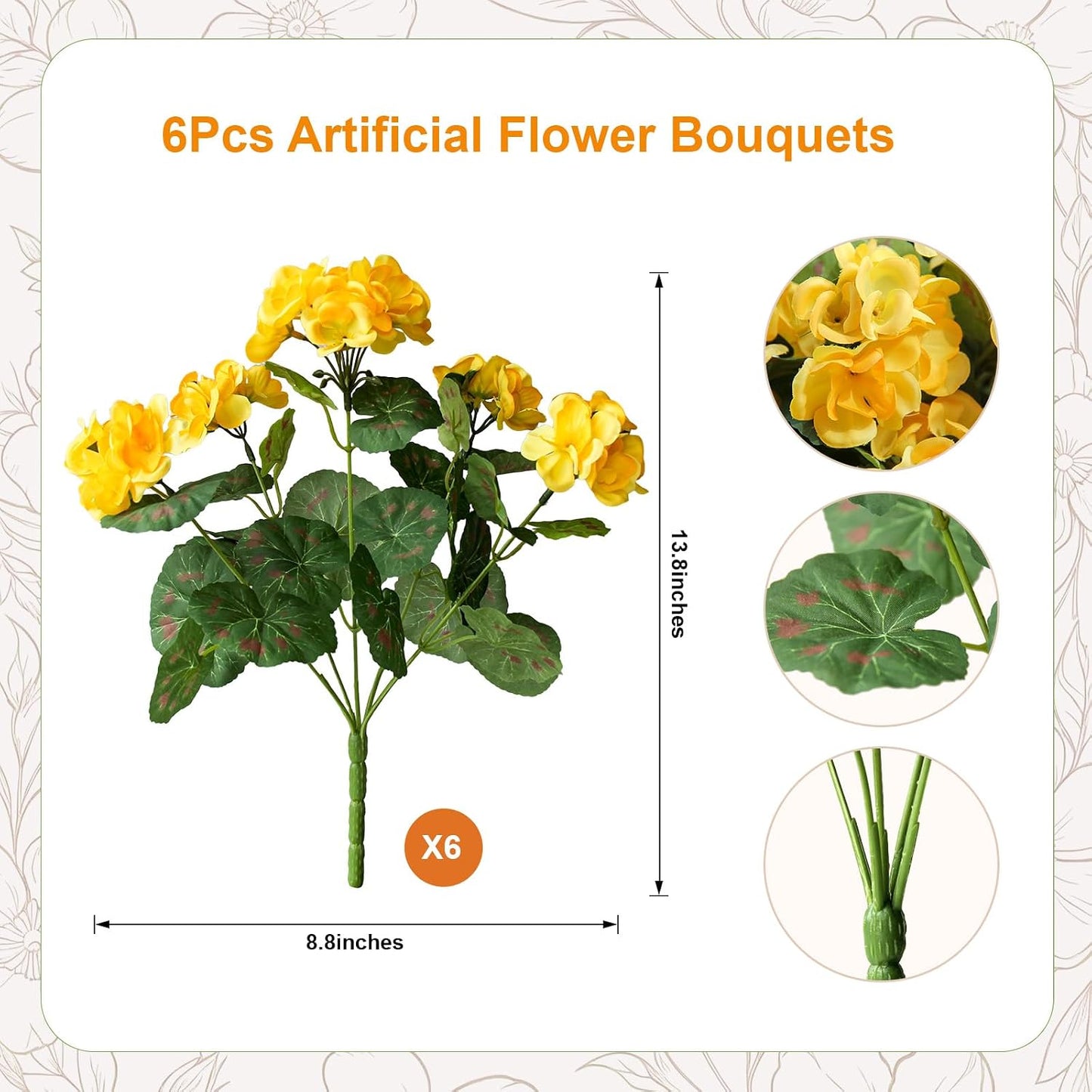 Artificial Geraniums Fake Flowers for Outdoor, 6PCS Yellow | UV Resistant Fall Autumn Faux Silk Plants for Outside Planter Front Door Porch Yard Patio Balcony Decoration