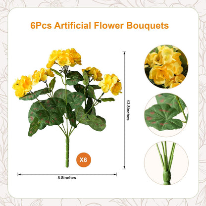 Artificial Geraniums Fake Flowers for Outdoor, 6PCS Yellow | UV Resistant Fall Autumn Faux Silk Plants for Outside Planter Front Door Porch Yard Patio Balcony Decoration