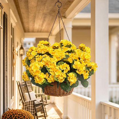 Artificial Geraniums Fake Flowers for Outdoor, 6PCS Yellow | UV Resistant Fall Autumn Faux Silk Plants for Outside Planter Front Door Porch Yard Patio Balcony Decoration
