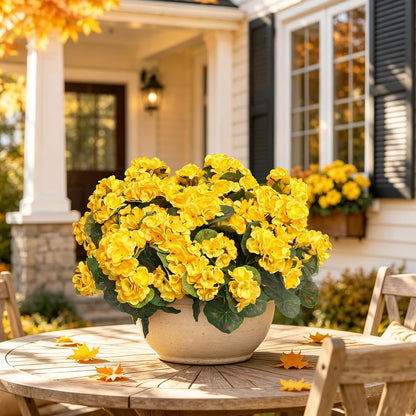Artificial Geraniums Fake Flowers for Outdoor, 6PCS Yellow | UV Resistant Fall Autumn Faux Silk Plants for Outside Planter Front Door Porch Yard Patio Balcony Decoration