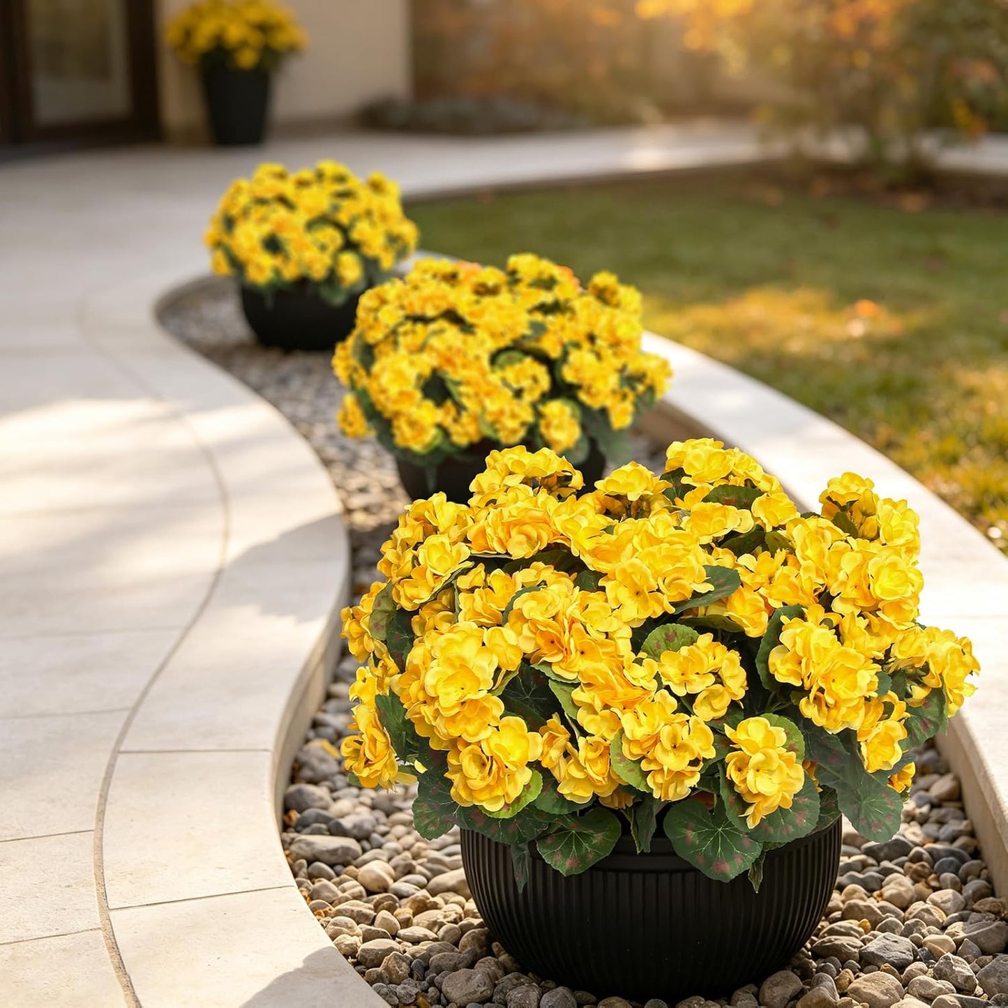 Artificial Geraniums Fake Flowers for Outdoor, 6PCS Yellow | UV Resistant Fall Autumn Faux Silk Plants for Outside Planter Front Door Porch Yard Patio Balcony Decoration