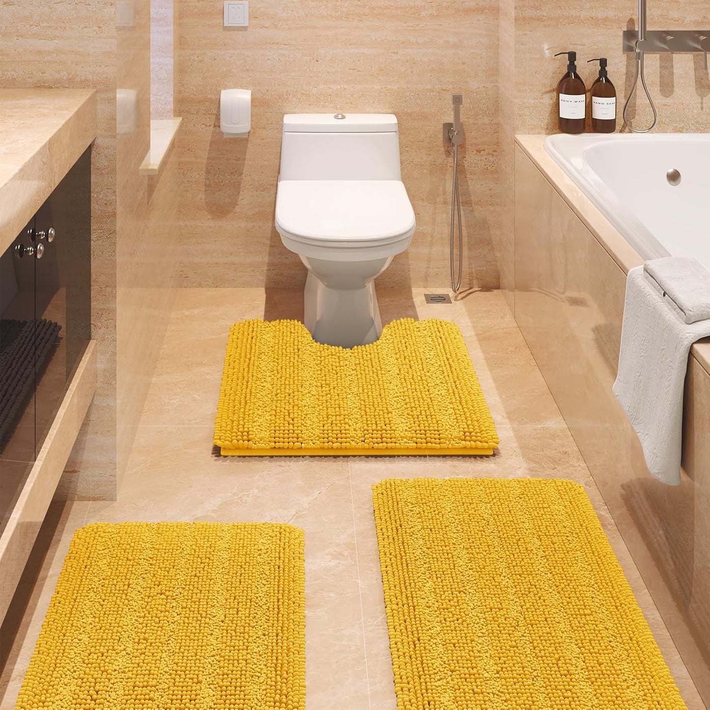 Striped Yellow Bathroom Rug Set 3 Pieces Ultra Soft, Non Slip Chenille Toilet Mat, Absorbent Plush Shaggy Bath Mats for Bathroom, Bedroom, Kitchen