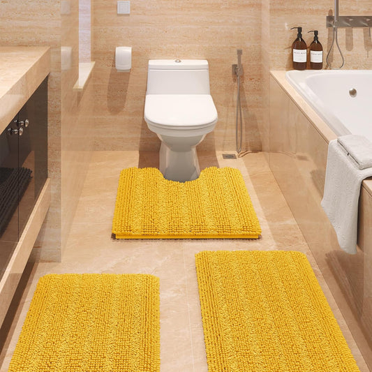 Striped Yellow Bathroom Rug Set 3 Pieces Ultra Soft, Non Slip Chenille Toilet Mat, Absorbent Plush Shaggy Bath Mats for Bathroom, Bedroom, Kitchen