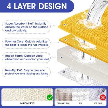 Striped Yellow Bathroom Rug Set 3 Pieces Ultra Soft, Non Slip Chenille Toilet Mat, Absorbent Plush Shaggy Bath Mats for Bathroom, Bedroom, Kitchen