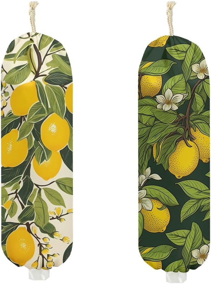 2Pcs Lemon Plastic Bag Holder, Lemon Gifts for Women Mom, 22.5x9 Inch | Wall Mount Grocery Bag Holder for Plastic Bags, Flower Reusable Grocery Bags Storage Dispenser for Home Kitchen Farmhouse