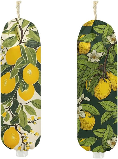 2Pcs Lemon Plastic Bag Holder, Lemon Gifts for Women Mom, 22.5x9 Inch | Wall Mount Grocery Bag Holder for Plastic Bags, Flower Reusable Grocery Bags Storage Dispenser for Home Kitchen Farmhouse