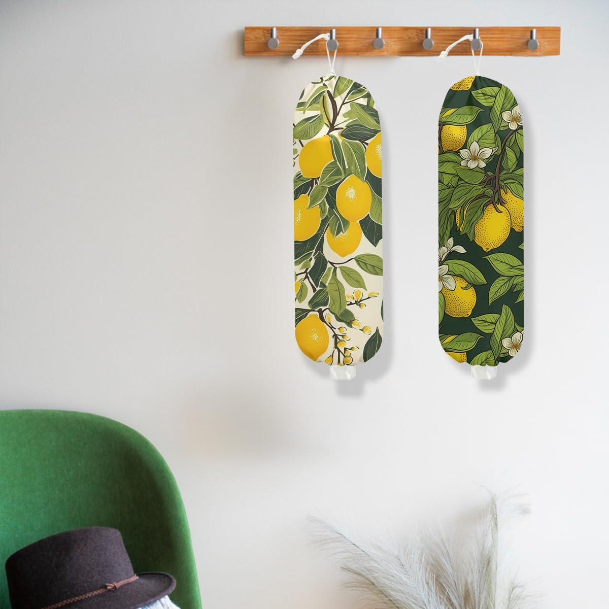 2Pcs Lemon Plastic Bag Holder, Lemon Gifts for Women Mom, 22.5x9 Inch | Wall Mount Grocery Bag Holder for Plastic Bags, Flower Reusable Grocery Bags Storage Dispenser for Home Kitchen Farmhouse