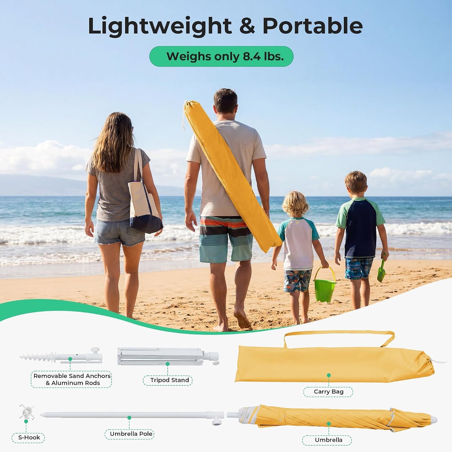 JEAREY 6.5ft Sun Shade Umbrellas, Portable Umbrella with Stand, Lightweight Sun Protection Free Standing Sport Umbrella for Outdoor Sports, Camping, Fishing, Patio, Beach, Yellow