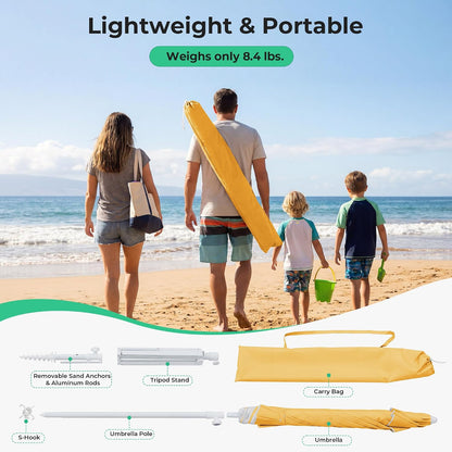 JEAREY 6.5ft Sun Shade Umbrellas, Portable Umbrella with Stand, Lightweight Sun Protection Free Standing Sport Umbrella for Outdoor Sports, Camping, Fishing, Patio, Beach, Yellow