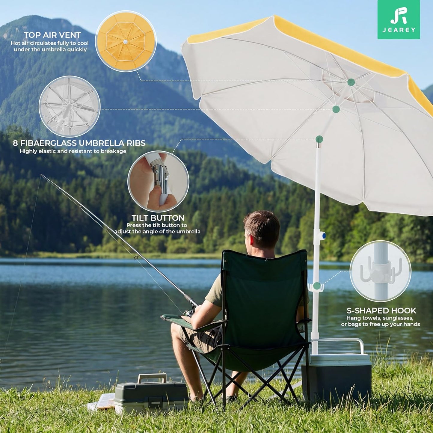 JEAREY 6.5ft Sun Shade Umbrellas, Portable Umbrella with Stand, Lightweight Sun Protection Free Standing Sport Umbrella for Outdoor Sports, Camping, Fishing, Patio, Beach, Yellow