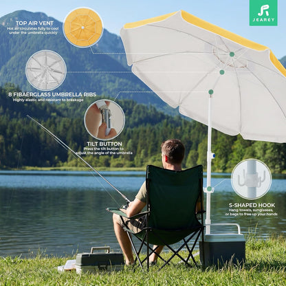 JEAREY 6.5ft Sun Shade Umbrellas, Portable Umbrella with Stand, Lightweight Sun Protection Free Standing Sport Umbrella for Outdoor Sports, Camping, Fishing, Patio, Beach, Yellow