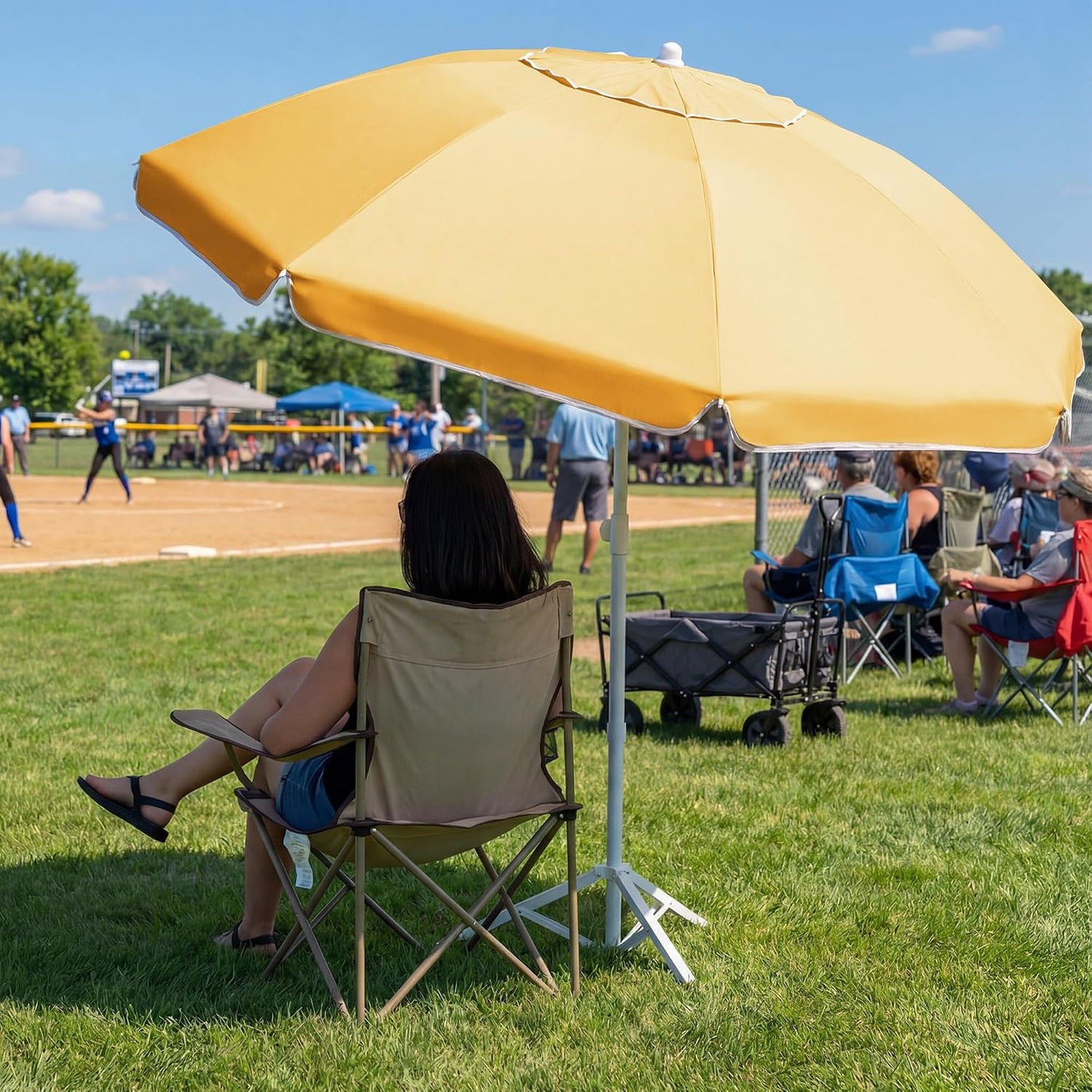 JEAREY 6.5ft Sun Shade Umbrellas, Portable Umbrella with Stand, Lightweight Sun Protection Free Standing Sport Umbrella for Outdoor Sports, Camping, Fishing, Patio, Beach, Yellow