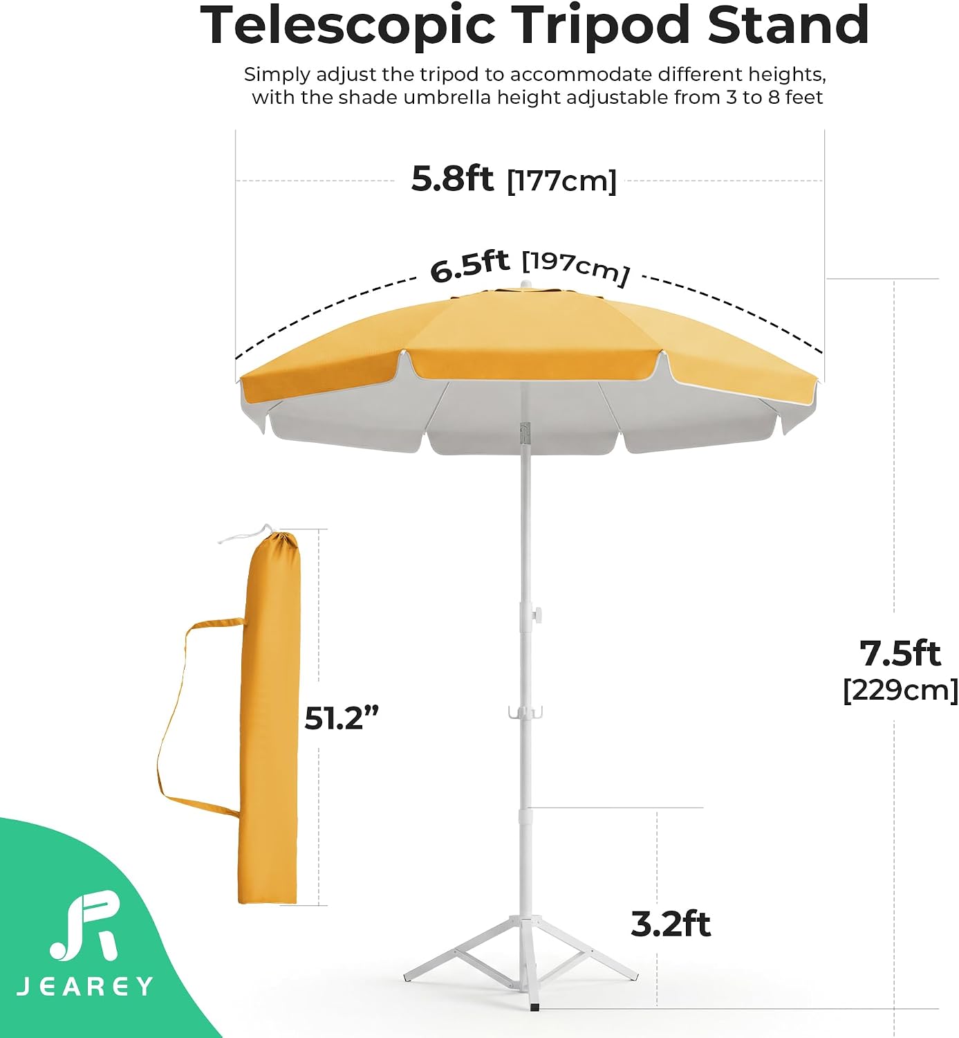 JEAREY 6.5ft Sun Shade Umbrellas, Portable Umbrella with Stand, Lightweight Sun Protection Free Standing Sport Umbrella for Outdoor Sports, Camping, Fishing, Patio, Beach, Yellow