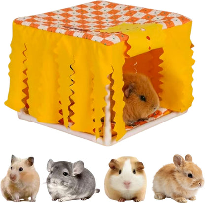 Guinea Pig Hideout, Guinea Pig Bed with Reversible Mat, Sturdy Durable Rabbit Bed with Door Curtain for Rat, Ferret, Squirrel, Bunny, Hamster, Chinchilla, Small Animals (Yellow)