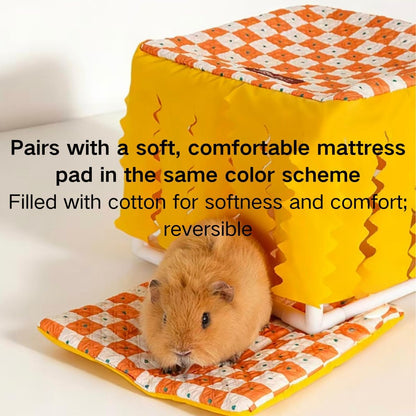 Guinea Pig Hideout, Guinea Pig Bed with Reversible Mat, Sturdy Durable Rabbit Bed with Door Curtain for Rat, Ferret, Squirrel, Bunny, Hamster, Chinchilla, Small Animals (Yellow)