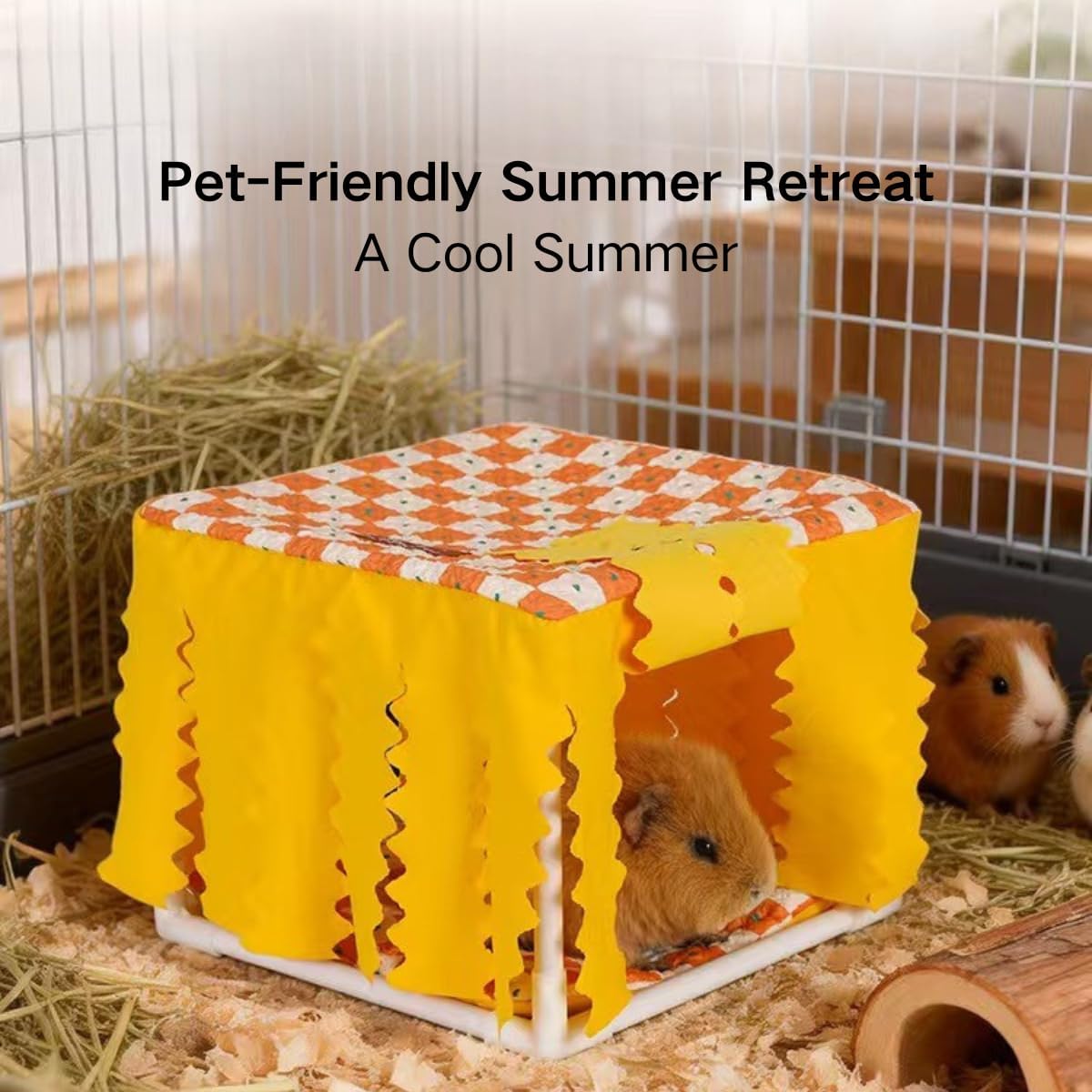 Guinea Pig Hideout, Guinea Pig Bed with Reversible Mat, Sturdy Durable Rabbit Bed with Door Curtain for Rat, Ferret, Squirrel, Bunny, Hamster, Chinchilla, Small Animals (Yellow)