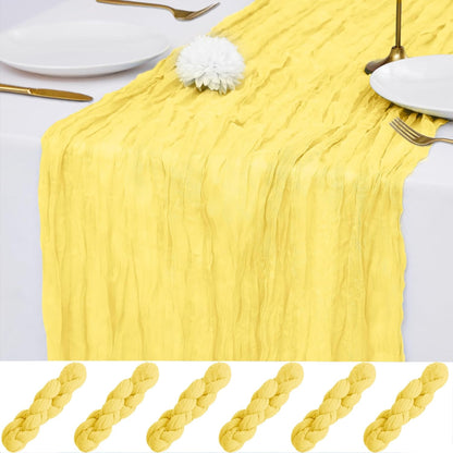 6 Pack Light Yellow Cheesecloth Table Runner 21x120 Inches, Boho Gauze Rustic Semi Sheer Cheese Cloth Table Runners for Easter Wedding Bridal Baby Shower, Birthday Party, Long Farmhouse Table Decor