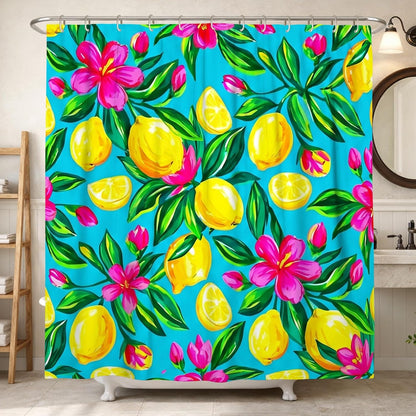 Lemon Shower Curtain, Summer Tropical Flower Leaf Summer Yellow Polyester Waterproof Decorative Bathroom Curtain Decor for Bathroom Guest Room 72x72 Inch