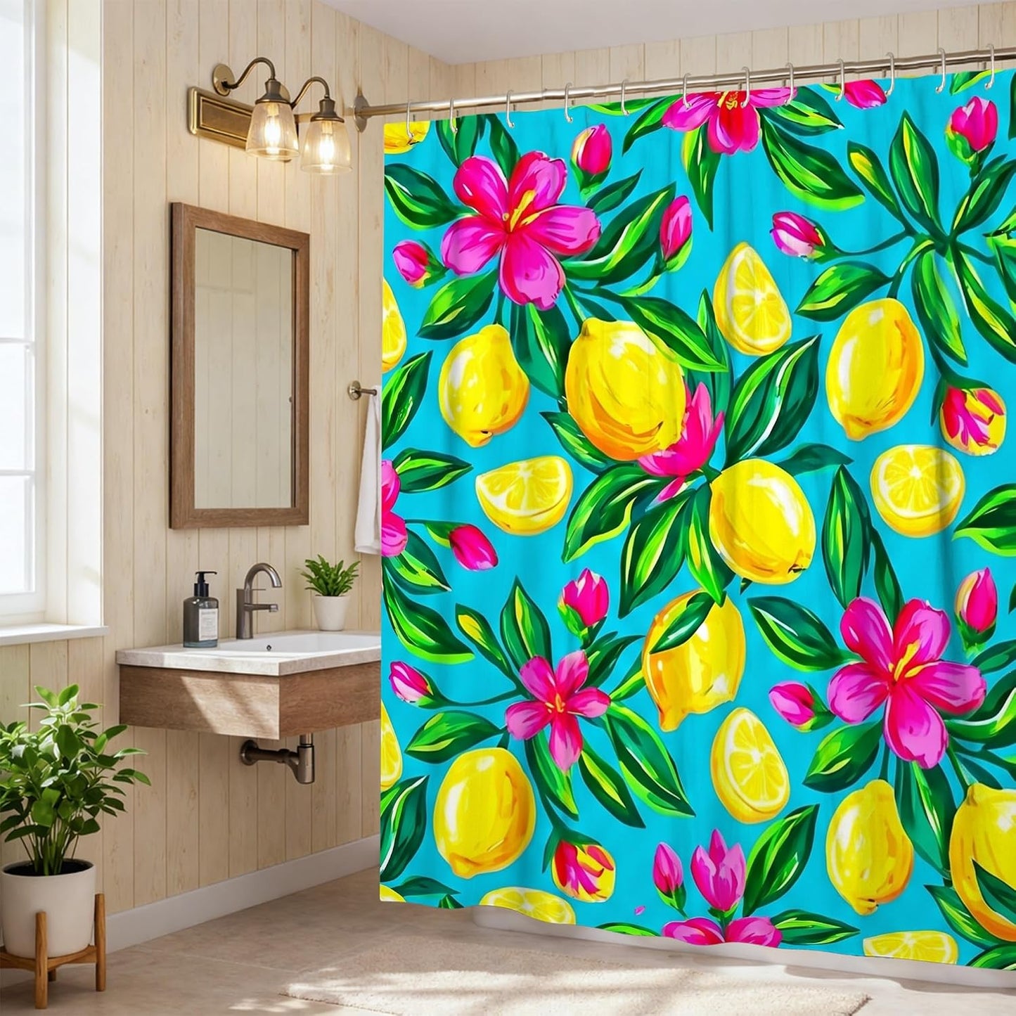 Lemon Shower Curtain, Summer Tropical Flower Leaf Summer Yellow Polyester Waterproof Decorative Bathroom Curtain Decor for Bathroom Guest Room 72x72 Inch