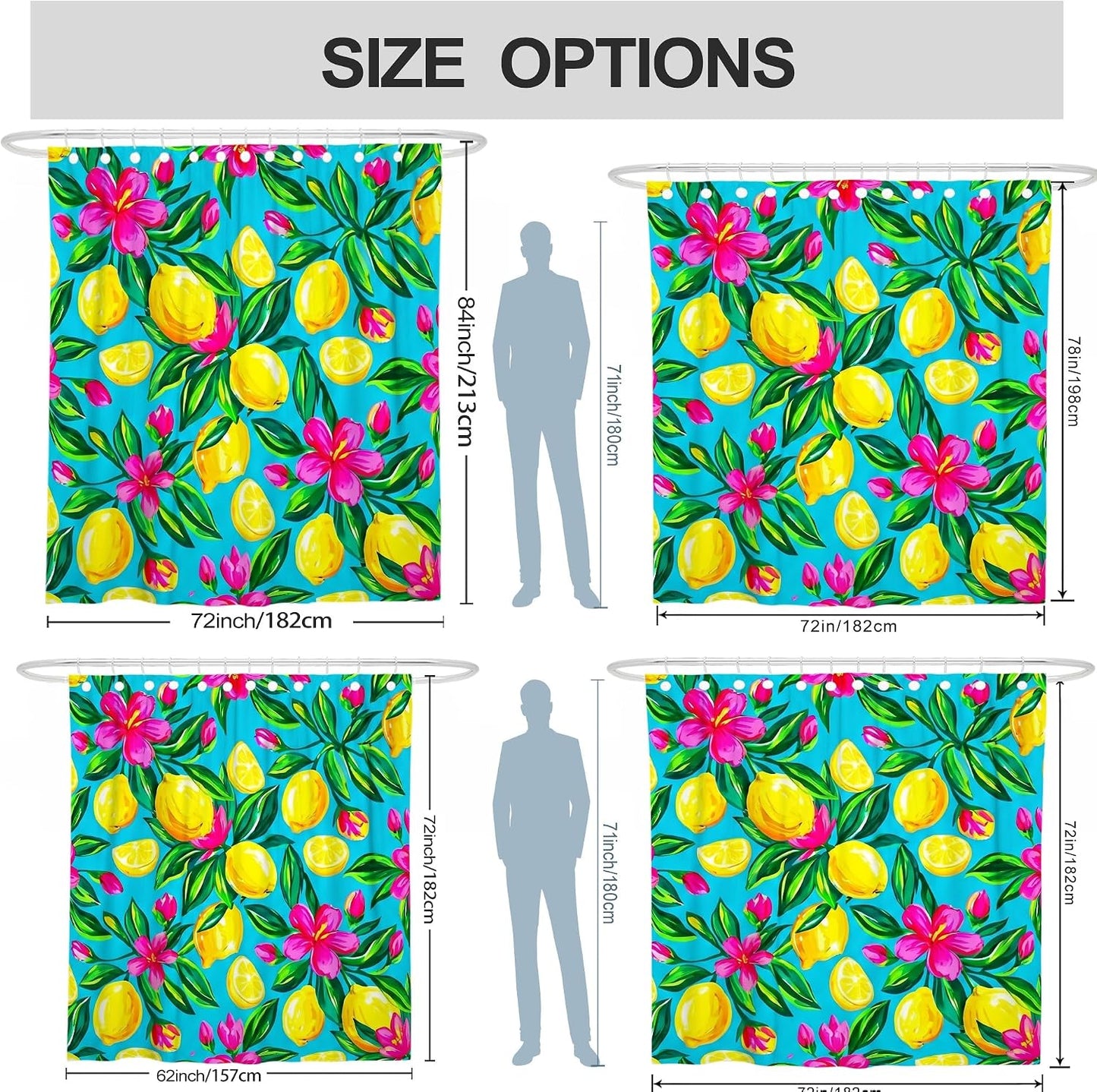Lemon Shower Curtain, Summer Tropical Flower Leaf Summer Yellow Polyester Waterproof Decorative Bathroom Curtain Decor for Bathroom Guest Room 72x72 Inch