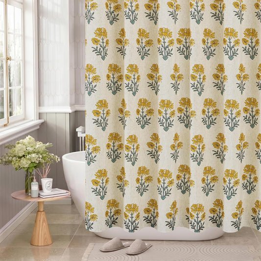 Vintage Floral Shower Curtain- Yellow Floral With Blue Leaf Block Print, 72x72 Inch Linen Blend Bathroom Curtain with 12 Metal Hooks, Country Botanical Bath Curtain for Cottage Core Bathrooms.