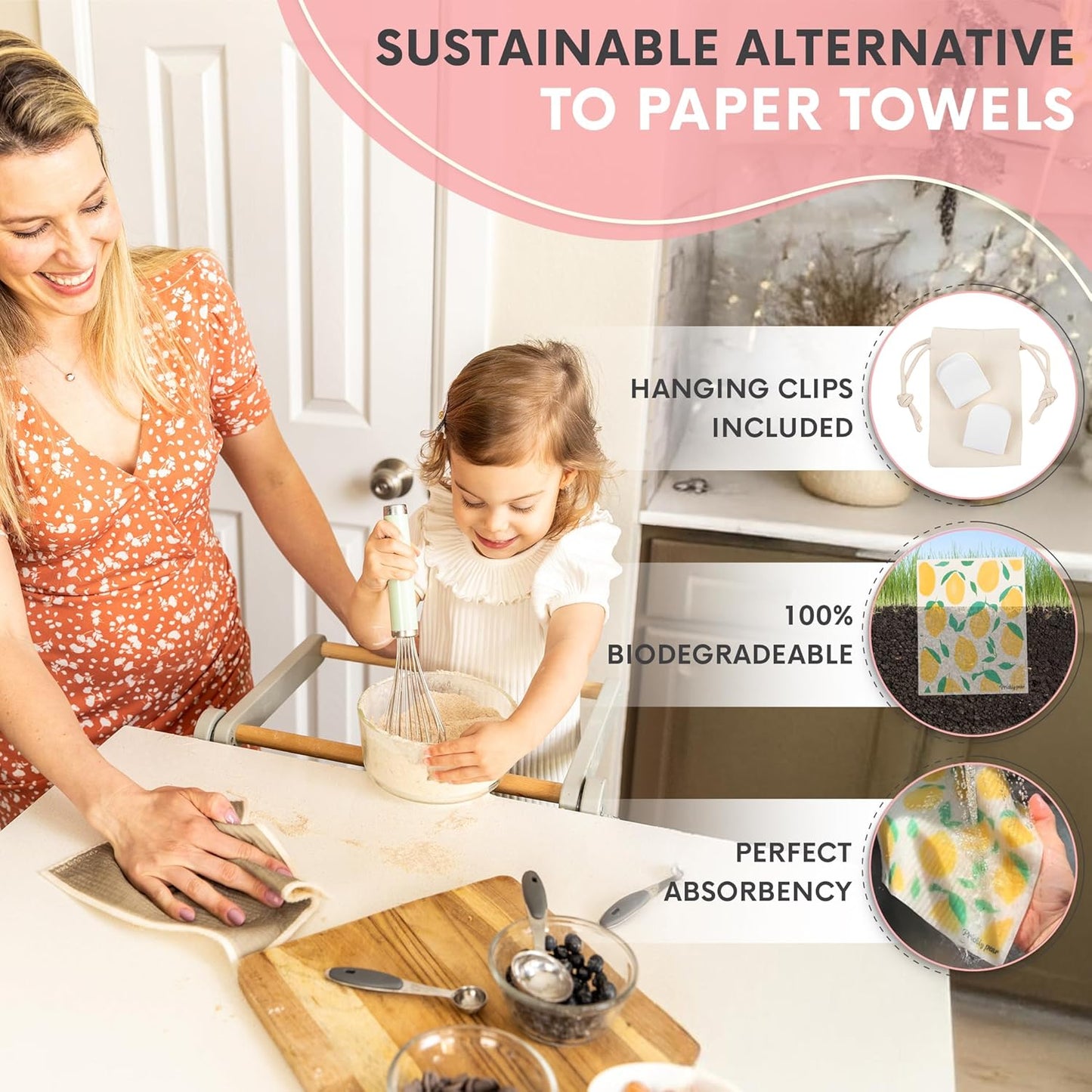 Reusable Paper Towels with Hanging Clips, Large, 6 Pack | Swedish Dishcloths for Kitchen, Non-Scratch, No Odor, Biodegradable Reusable Paper Towel