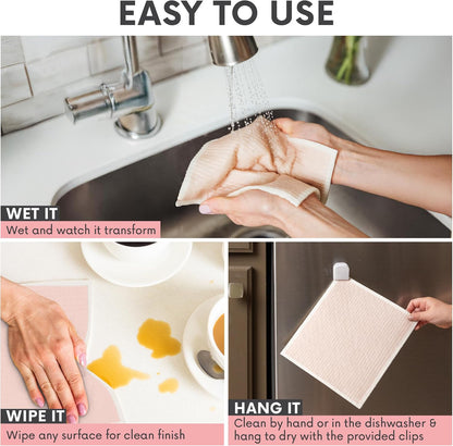 Reusable Paper Towels with Hanging Clips, Large, 6 Pack | Swedish Dishcloths for Kitchen, Non-Scratch, No Odor, Biodegradable Reusable Paper Towel