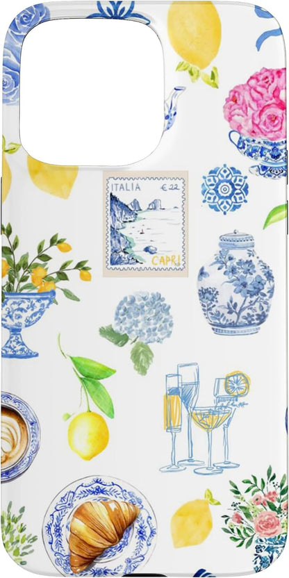 Italian Tile Blue Coastal Shells & Lemons Toile European Case for iPhone 15 Pro Max