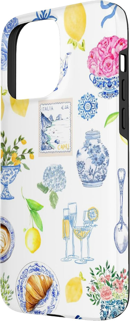 Italian Tile Blue Coastal Shells & Lemons Toile European Case for iPhone 15 Pro Max