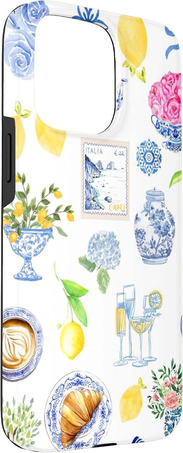 Italian Tile Blue Coastal Shells & Lemons Toile European Case for iPhone 15 Pro Max
