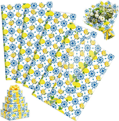 100 Sheets Summer Lemon Tissue Paper, Blue Floral Yellow Lemon Gift Wrapping Paper Spring Art Craft Tissue for Seasonal Birthday Wedding Baby Shower Party Decor, 20x14''(A3)