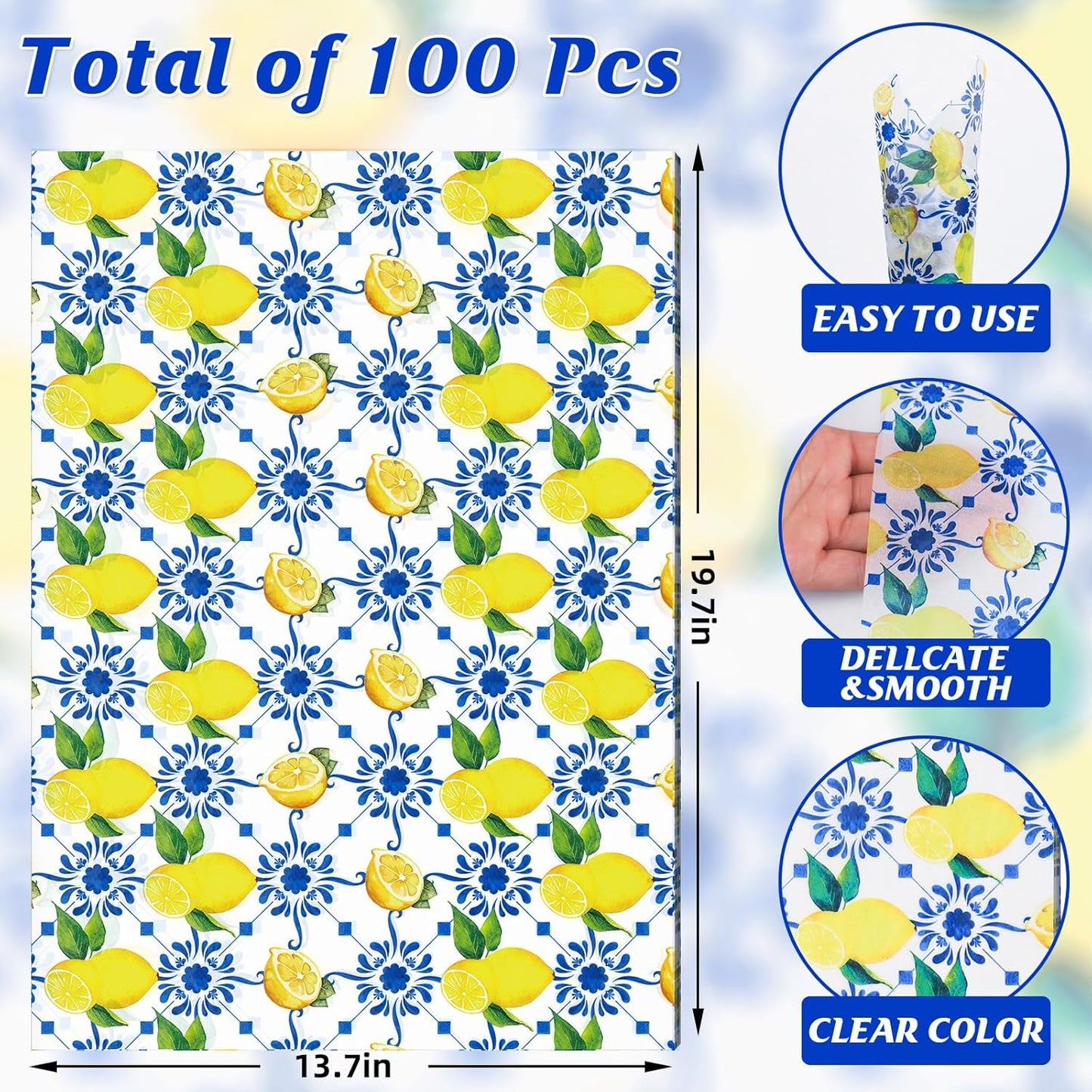 100 Sheets Summer Lemon Tissue Paper, Blue Floral Yellow Lemon Gift Wrapping Paper Spring Art Craft Tissue for Seasonal Birthday Wedding Baby Shower Party Decor, 20x14''(A3)