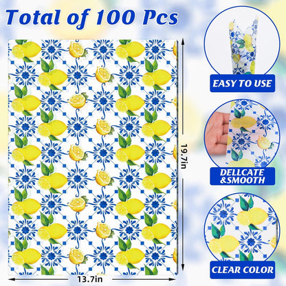 100 Sheets Summer Lemon Tissue Paper, Blue Floral Yellow Lemon Gift Wrapping Paper Spring Art Craft Tissue for Seasonal Birthday Wedding Baby Shower Party Decor, 20x14''(A3)