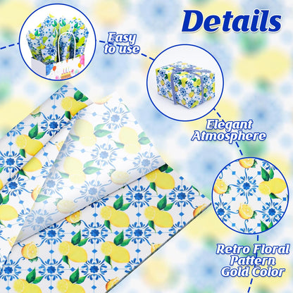 100 Sheets Summer Lemon Tissue Paper, Blue Floral Yellow Lemon Gift Wrapping Paper Spring Art Craft Tissue for Seasonal Birthday Wedding Baby Shower Party Decor, 20x14''(A3)