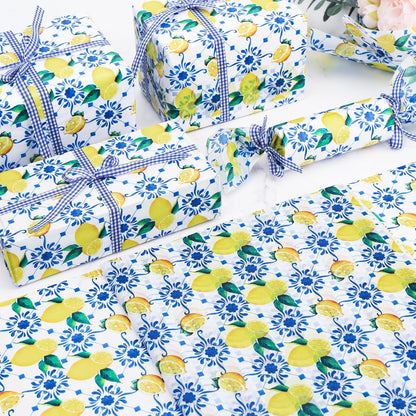 100 Sheets Summer Lemon Tissue Paper, Blue Floral Yellow Lemon Gift Wrapping Paper Spring Art Craft Tissue for Seasonal Birthday Wedding Baby Shower Party Decor, 20x14''(A3)