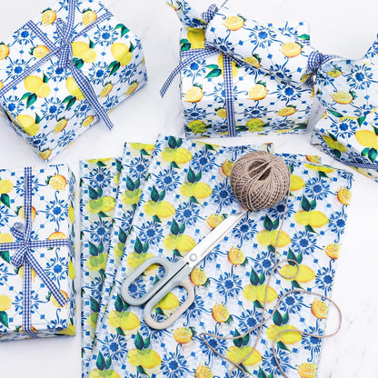 100 Sheets Summer Lemon Tissue Paper, Blue Floral Yellow Lemon Gift Wrapping Paper Spring Art Craft Tissue for Seasonal Birthday Wedding Baby Shower Party Decor, 20x14''(A3)