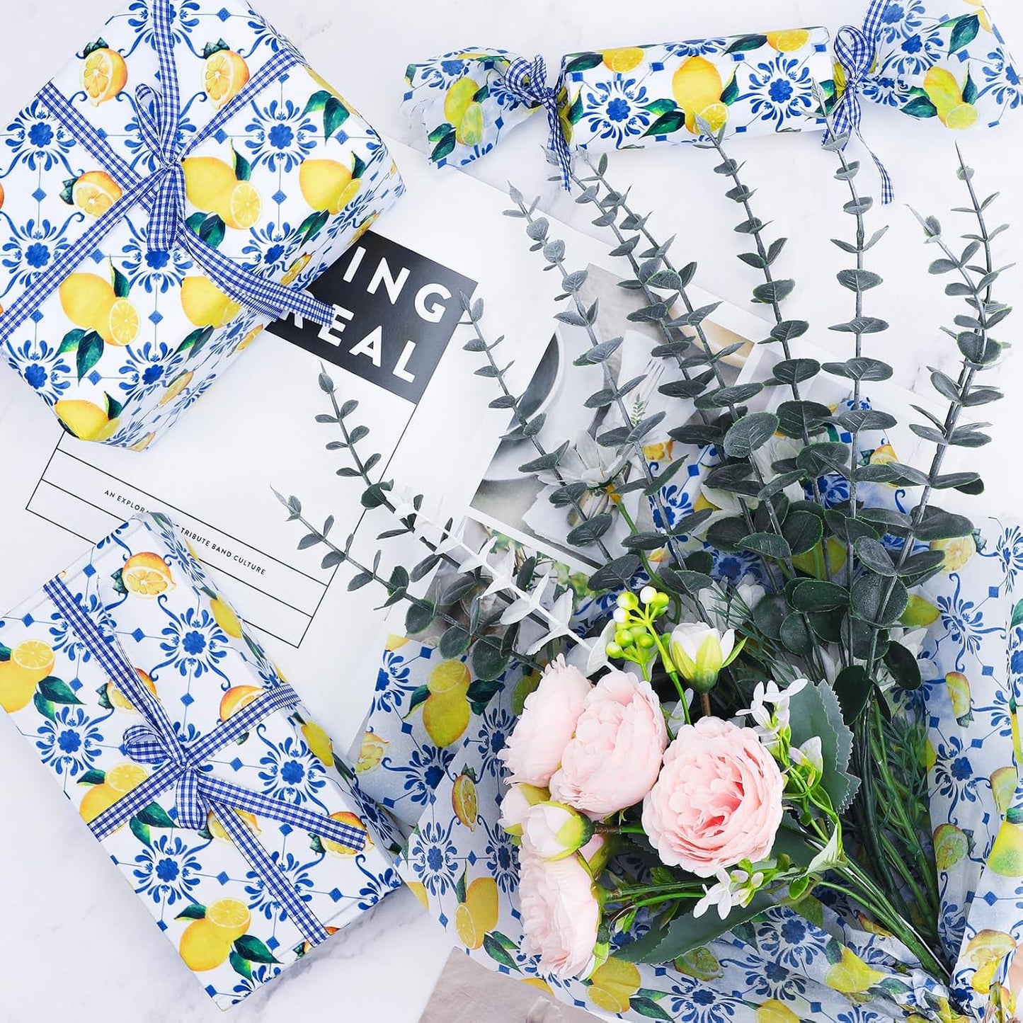 100 Sheets Summer Lemon Tissue Paper, Blue Floral Yellow Lemon Gift Wrapping Paper Spring Art Craft Tissue for Seasonal Birthday Wedding Baby Shower Party Decor, 20x14''(A3)
