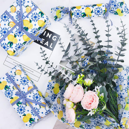 100 Sheets Summer Lemon Tissue Paper, Blue Floral Yellow Lemon Gift Wrapping Paper Spring Art Craft Tissue for Seasonal Birthday Wedding Baby Shower Party Decor, 20x14''(A3)