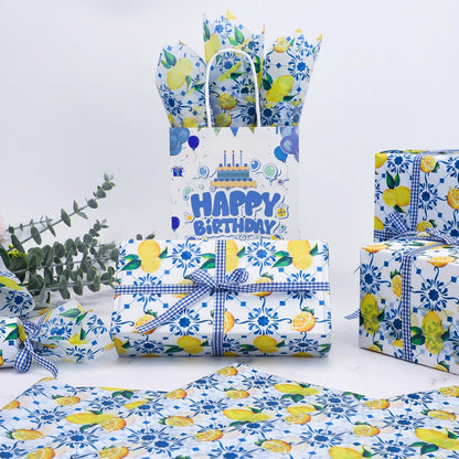 100 Sheets Summer Lemon Tissue Paper, Blue Floral Yellow Lemon Gift Wrapping Paper Spring Art Craft Tissue for Seasonal Birthday Wedding Baby Shower Party Decor, 20x14''(A3)