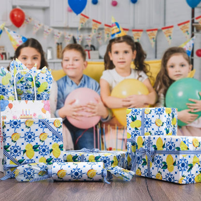 100 Sheets Summer Lemon Tissue Paper, Blue Floral Yellow Lemon Gift Wrapping Paper Spring Art Craft Tissue for Seasonal Birthday Wedding Baby Shower Party Decor, 20x14''(A3)