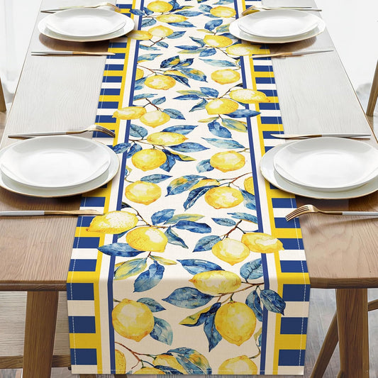 Watercolor Lemon Dining Table Runner, Spring Summer Citrus Fruit Botanical Burlap Kitchen Decoration, Striped Farmhouse Indoor Outdoor Home Decor Party Supply 13 x 72 Inches