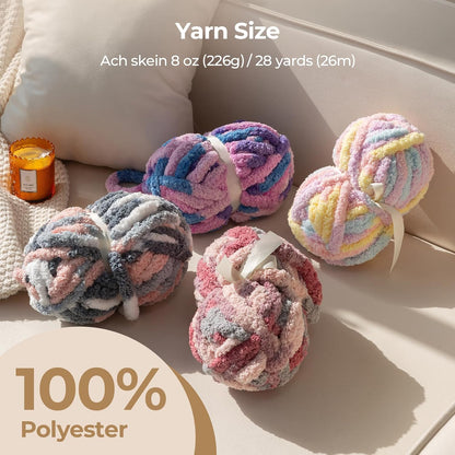 Chunky Yarn for Hand Knitting & Crocheting, Soft Jumbo Yarn,8 Pack | Mixed Color , Bulky Fluffy Yarn for Blankets, Scarves & DIY Projects,Light Purple+Light Blue+Yellow+Light Green+Pink+White