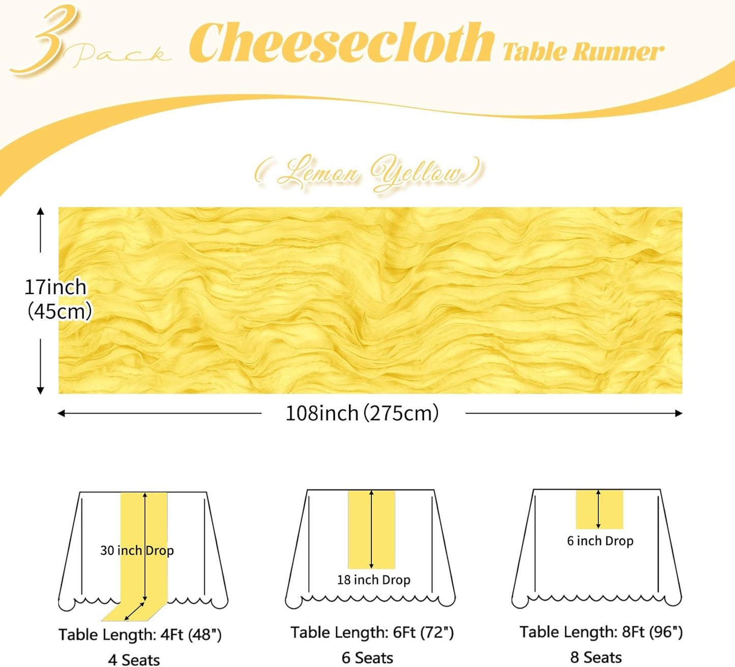 3 Pack Lemon Yellow Cheesecloth Table Runner, 17 x 108 inch, Semi Sheer Boho Cheese Cloth Fabric Table Runner Bulk for Wedding, Birthday, Party, Holiday, Home Decor (Lemon Yellow)